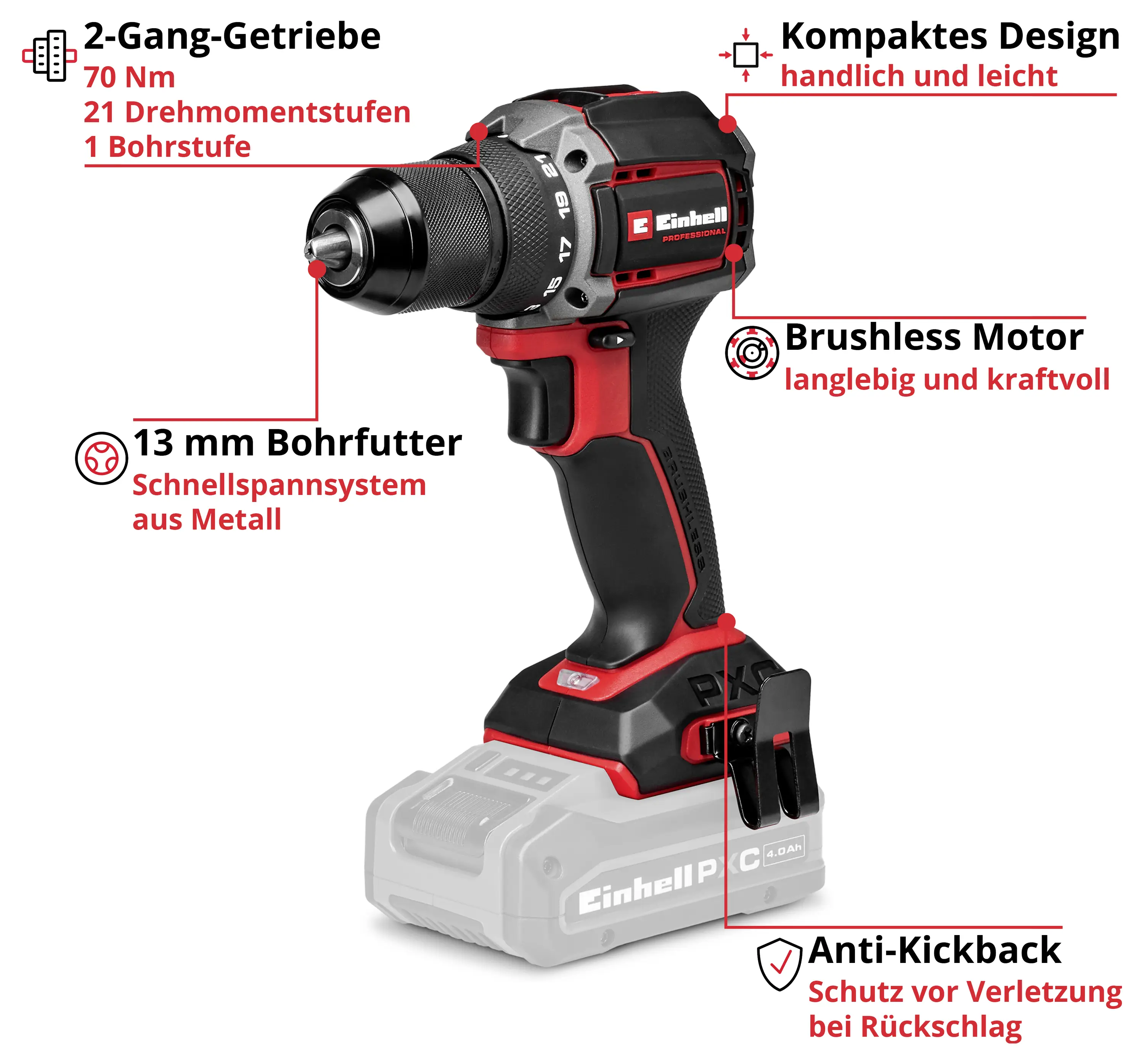 Аккумуляторная дрель-шуруповерт Einhell Professional TP-CD 18/70-C Li BL - Solo 4514335 18 В, без аккумулятора, без зарядного устр