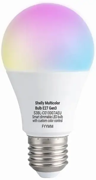 Многоцветная светодиодная лампа Shelly E27 Gen3, диммер EEK: F (A - G), Wi-Fi, Bluetooth.