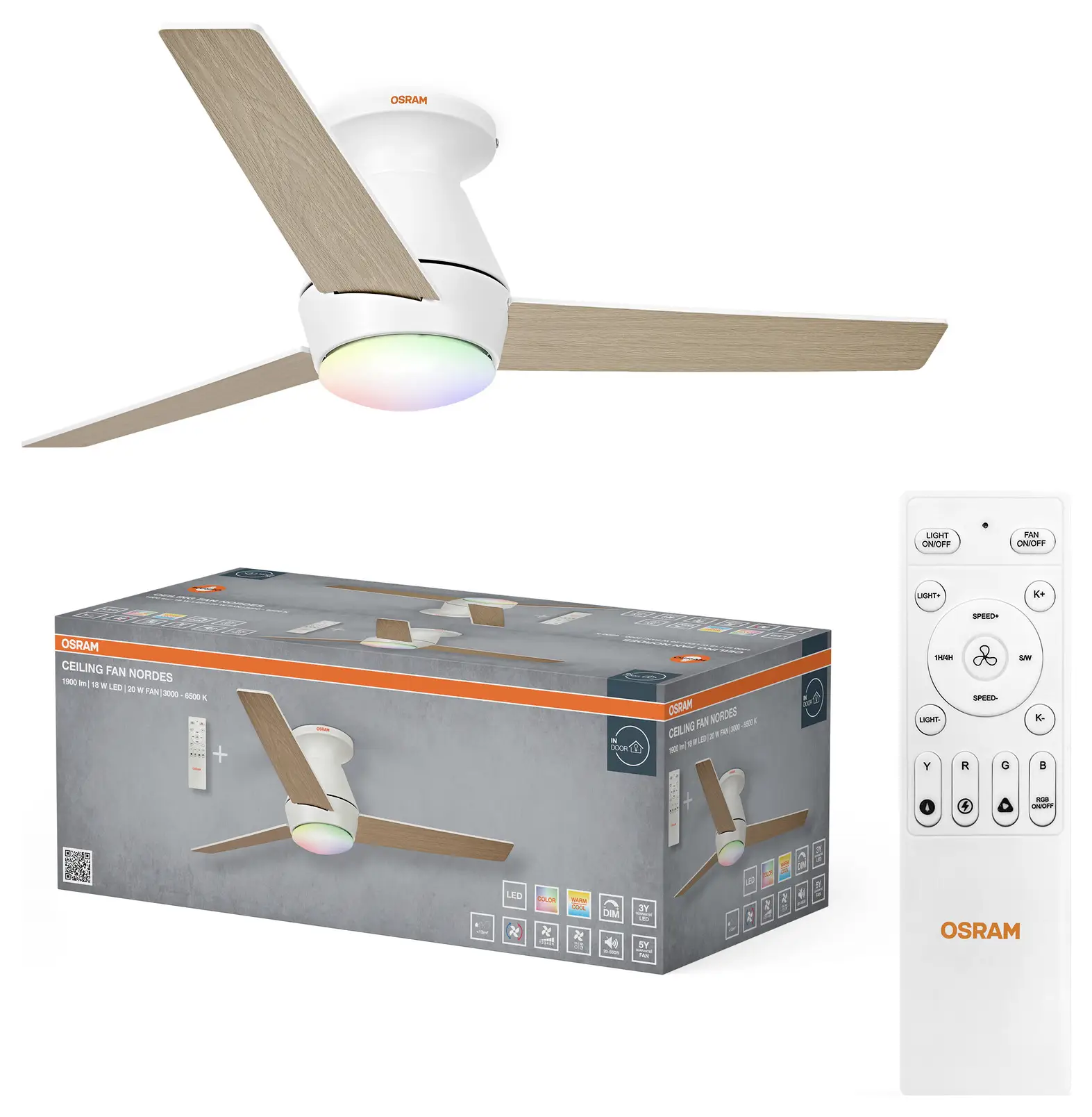 Потолочный вентилятор OSRAM HOMELIGHTING Nordes 1065 мм 38 Вт CCT RGB. Вентилятор мощностью 38 Вт (диаметр) 1065 мм, подсветка, пу