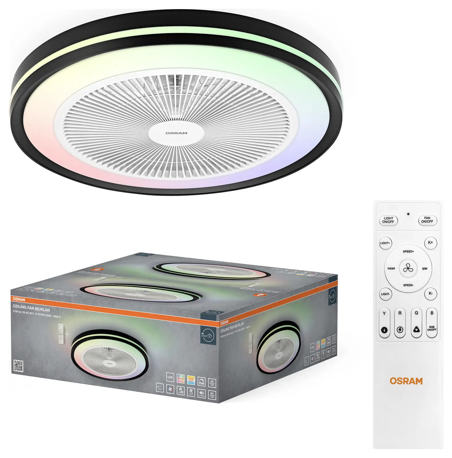 Потолочный вентилятор OSRAM HOMELIGHTING Murlan 490 мм 43 Вт CCT RGB. Вентилятор мощностью 43 Вт (диаметр) 490 мм, подсветка, пуль