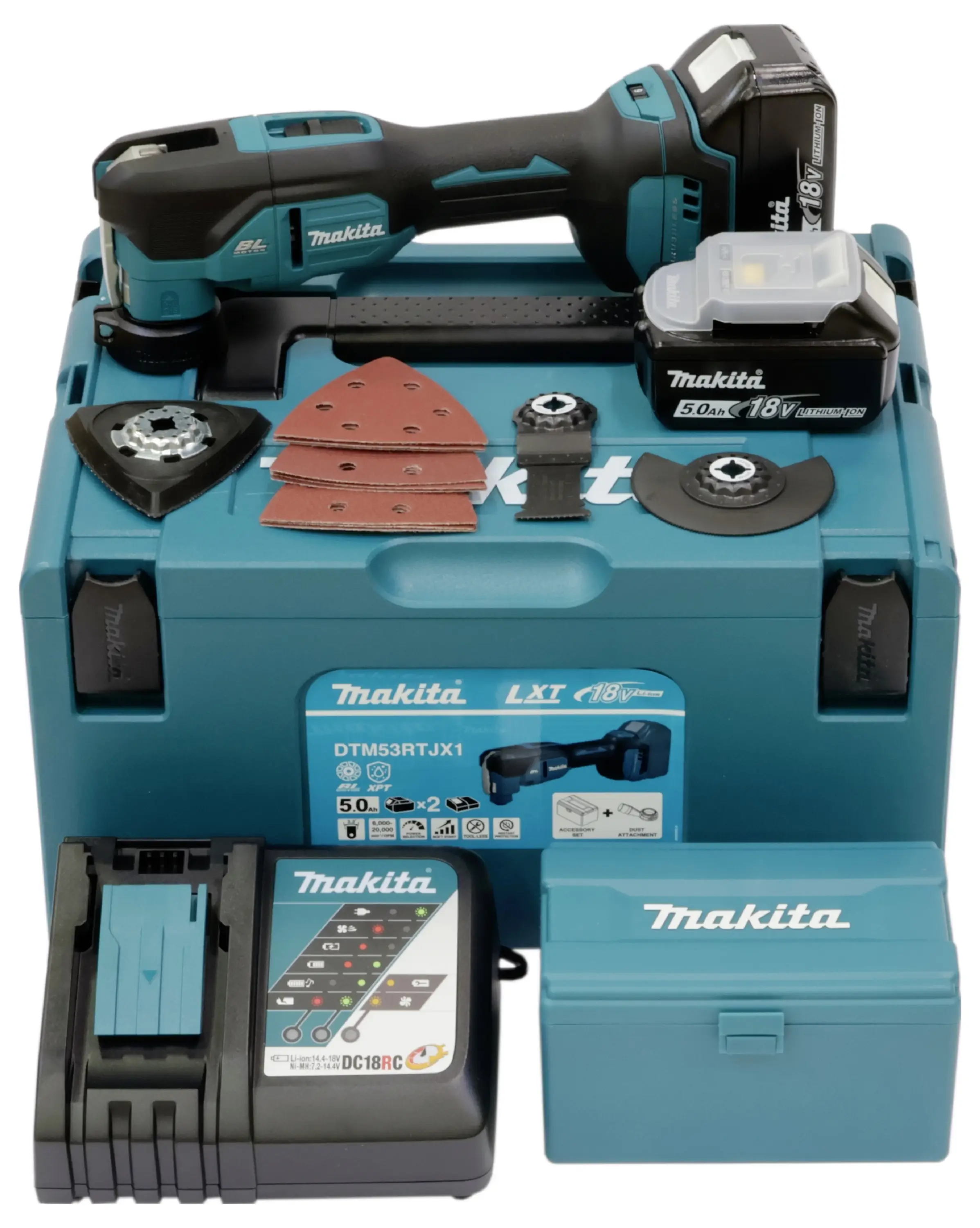 Аккумуляторный многофункциональный инструмент Makita DTM53RTJX1, в комплекте 2 аккумулятора, зарядное устройство, кейс и аксессуар