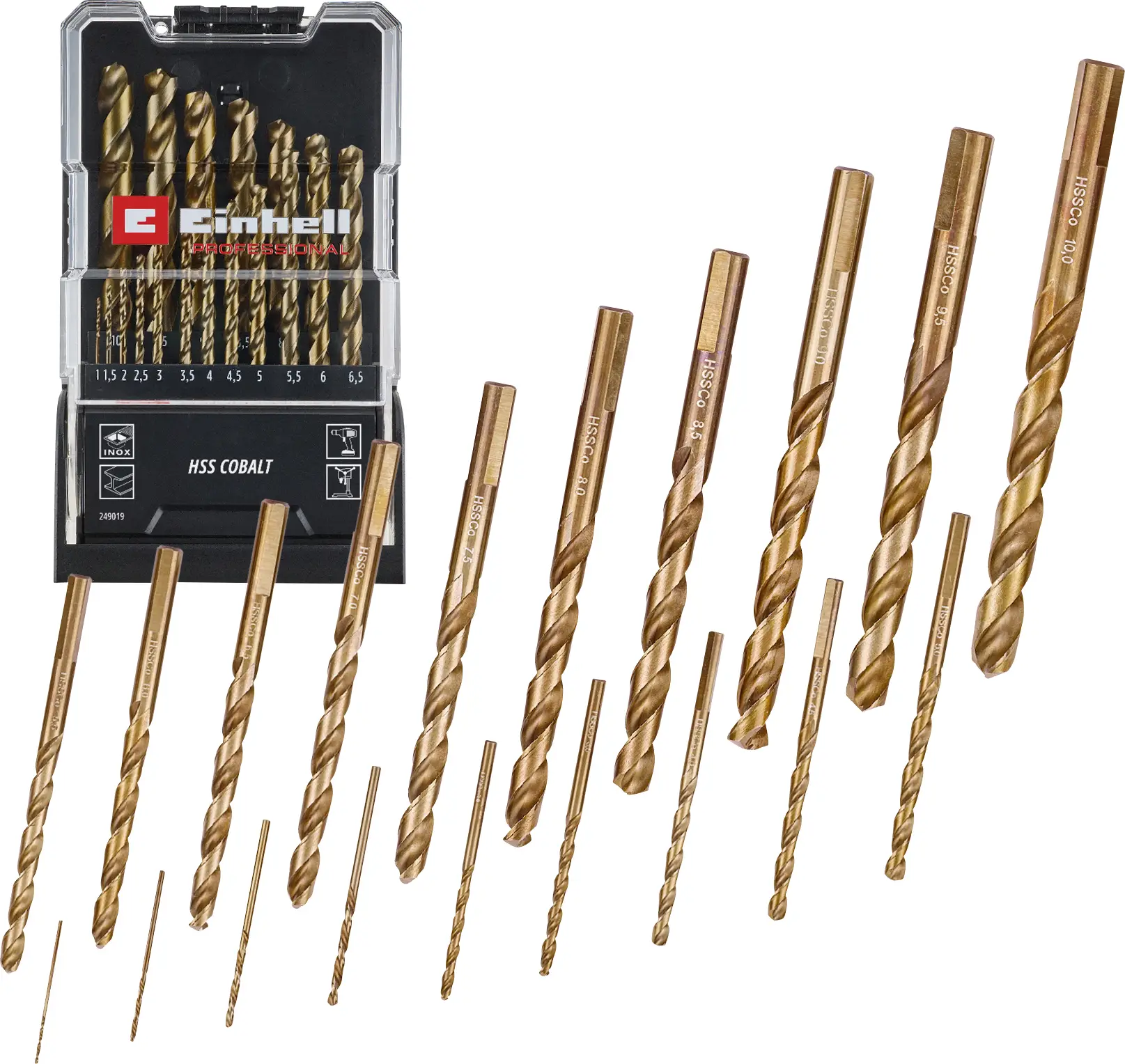 Набір свердел Einhell 249019 HSS-Co Spiral по металу 1 мм, 1,5 мм, 2 мм, 2,5 мм, 3 мм, 3,5 мм, 4 мм, 4,5 мм 1 комплект