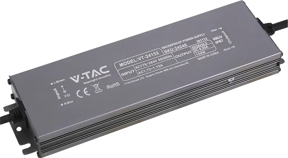 Светодиодный трансформатор V-TAC VT-24152, постоянное напряжение, 150 Вт, 6,25 А, 24 В/постоянный ток, без регулировки яркости, 1