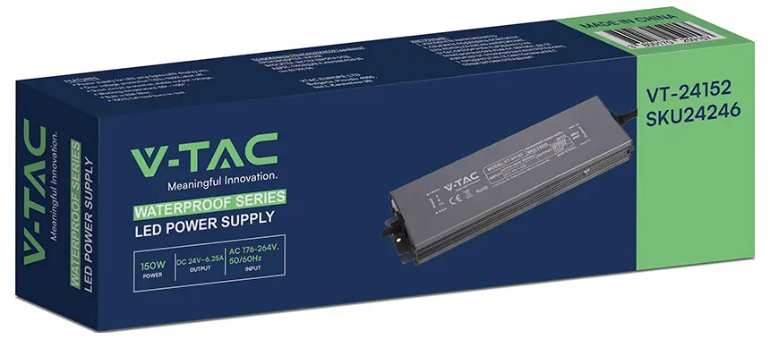 Светодиодный трансформатор V-TAC VT-24152, постоянное напряжение, 150 Вт, 6,25 А, 24 В/постоянный ток, без регулировки яркости, 1