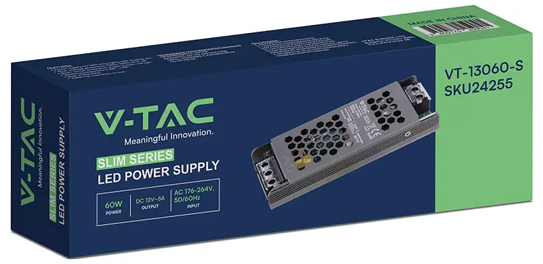 V-TAC VT-13060-S Світлодіодний трансформатор постійної напруги 60 Вт 5 A 12 В/DC, не регулюється яскравістю 1 шт.