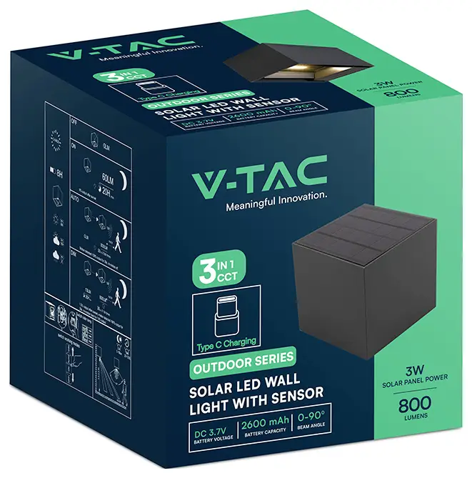 Солнечный настенный светильник с датчиком движения V-TAC VT-409CCT-B 23770-1, 9 Вт, 800 лм, степень защиты IP65.