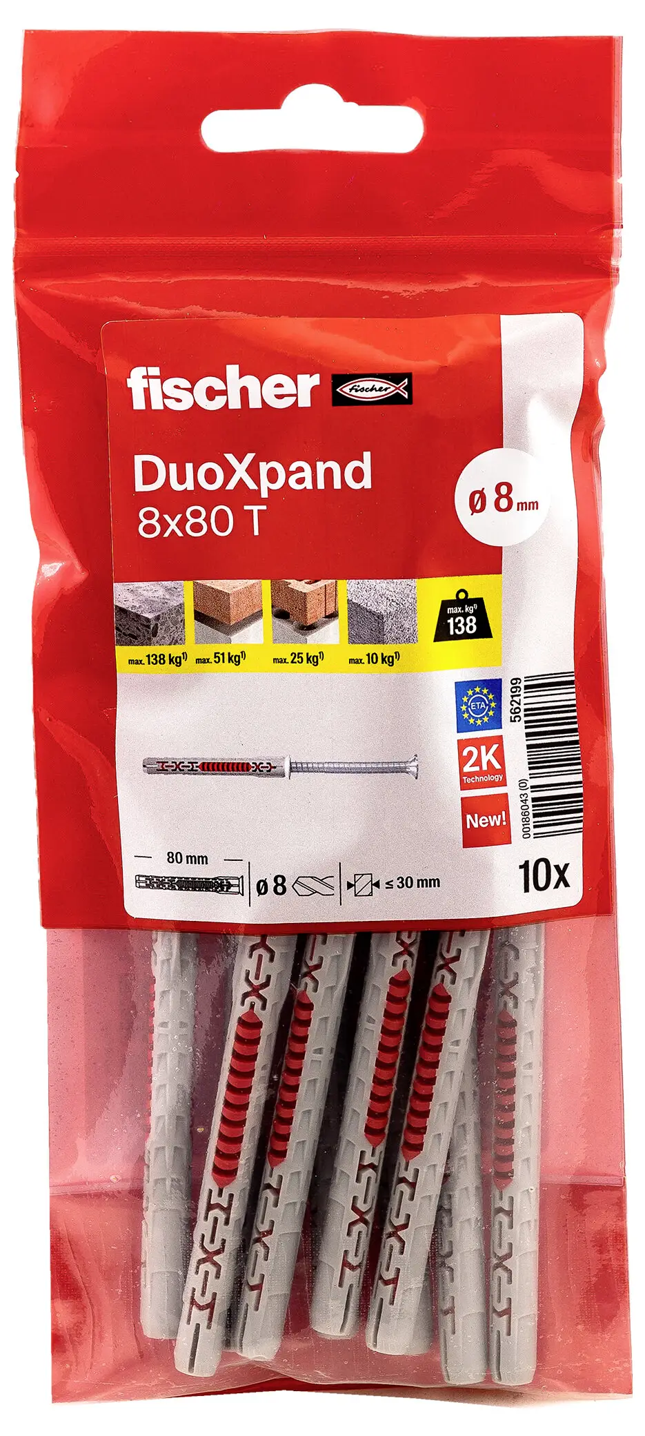 Монтажная заглушка Fischer 562199 DuoXpand увеличенной длины 80 мм (8 мм), 10 шт.