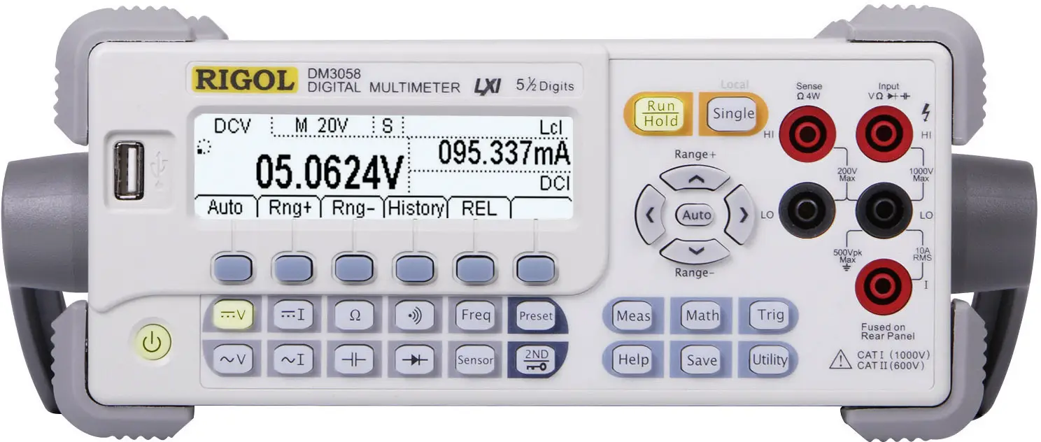 Цифровой настольный мультиметр Rigol DM3058E с графическим дисплеем, класс защиты CAT II, напряжение 300 В. Отображаемые значения: