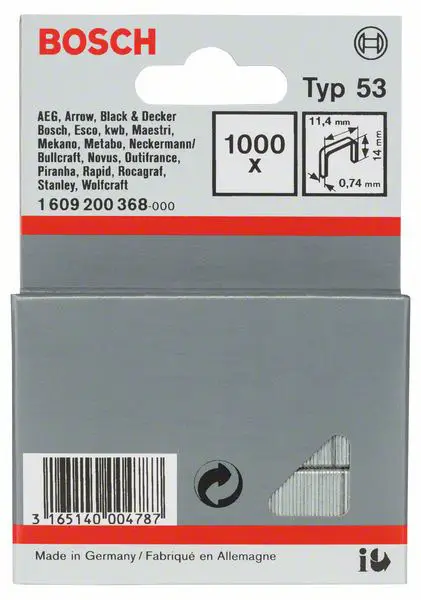 Скоби з тонкого дроту, тип 53, 11,4 x 0,74 x 14 мм, 1000 шт. Bosch Accessories 1609200368, Немає, Розміри (Д x Ш) 14 мм x 11,4 мм,