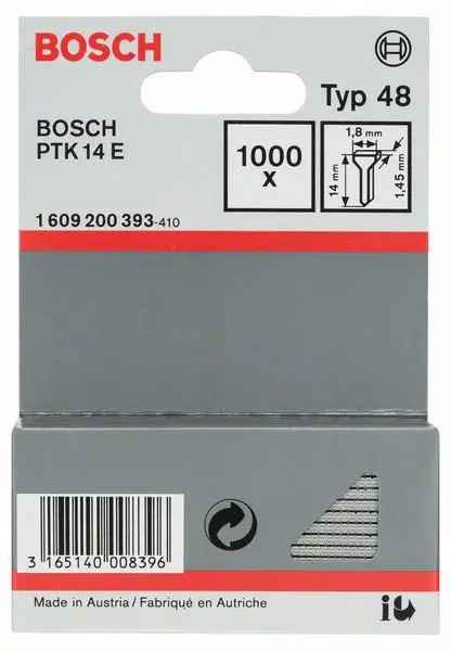 Гвозди типа 48, 1,8 x 1,45 x 14 мм, аксессуары Bosch 1609200393, N/A, размеры (Д x Ш) 14 мм x 1,8 мм, 1000 шт.