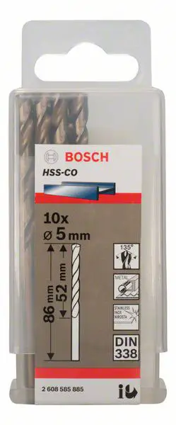 Набор принадлежностей Bosch 2608585885, быстрорежущая сталь (HSS), сверло по металлу, диаметр 5 мм, общая длина 86 мм, кобальт, DI