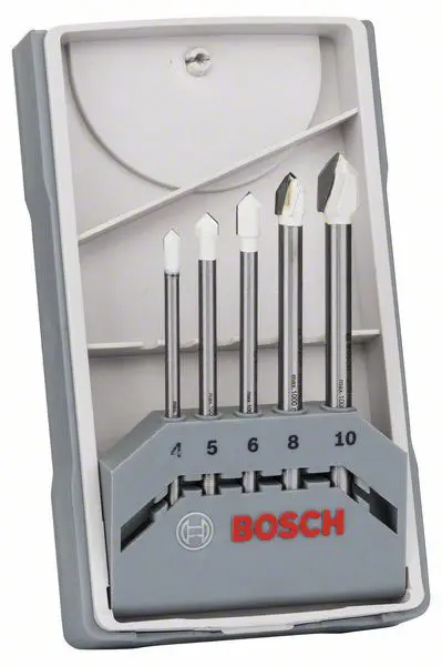 Набор сверл Bosch 2608587169 для стекла и керамики, 5 шт., с прямым хвостовиком 4 мм, 5 мм, 6 мм, 8 мм, 10 мм.