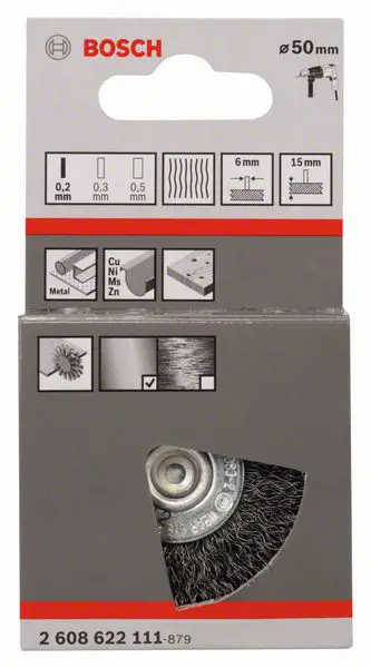 Дисковая щетка, 50 мм, 0,2 мм, 4500 об/мин, 15 мм. Аксессуары Bosch. Нет данных. Вал Ø 6 мм. 2608622111. 1 шт.