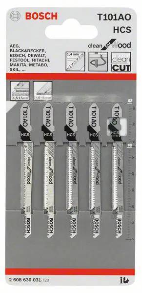 Пильный диск для лобзика T 101 AO Clean для дерева, набор из 5 штук, аксессуары Bosch 2608630031 2608630031 5 шт.