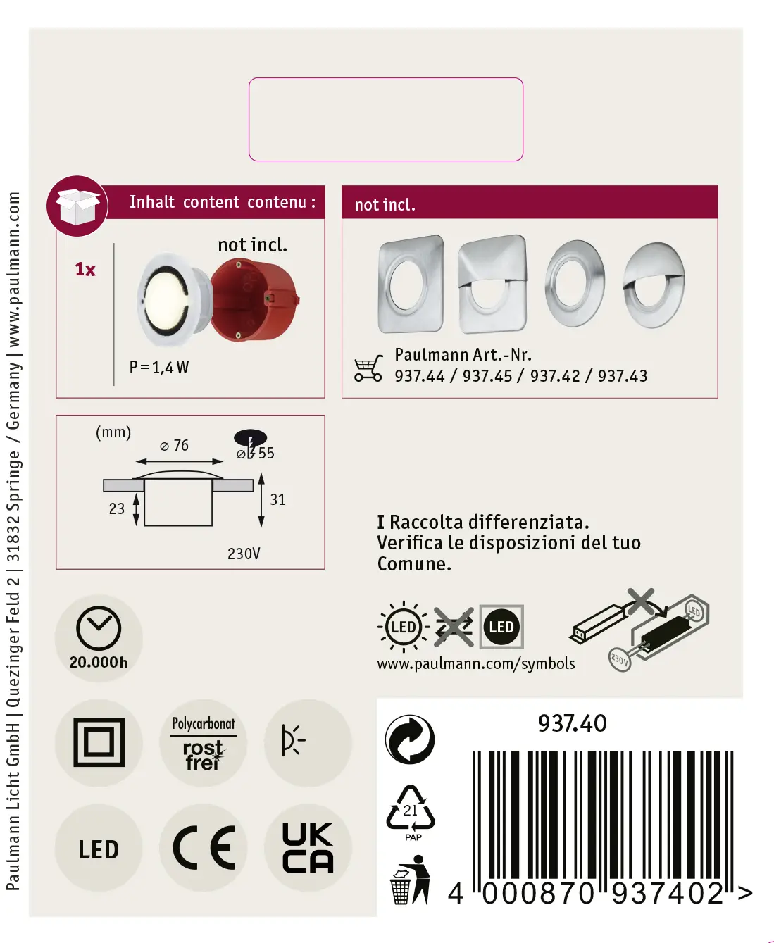 Paulmann Special Line 93740 1,4 Вт IP65 Встроенный уличный светильник
