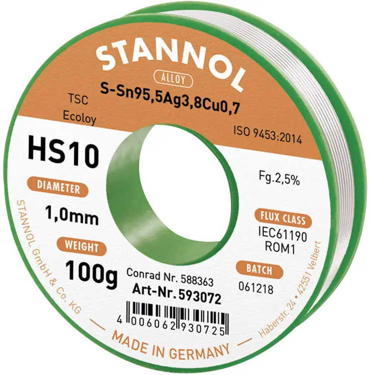 Котушка для безсвинцевого припою Stannol HS10 2510 Sn95.5Ag3.8Cu0.7 ROM1 100 г 1 мм