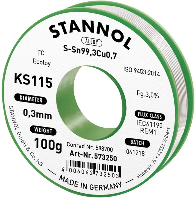 Катушка бессвинцового припоя Stannol KS115 Sn99.3Cu0.7 ROM1 100 г 0,3 мм