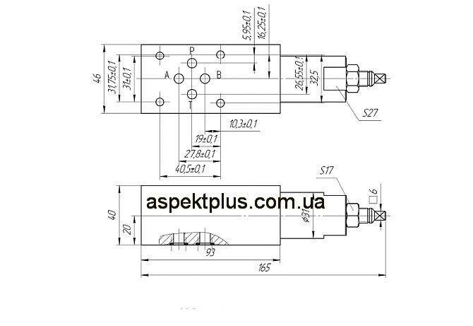 Габаритные и присоединительные размеры гидроклапанов КПМ 6/3 В