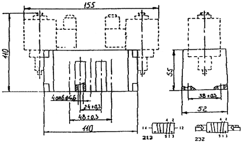 Габаритные и присоединительные размеры пневмораспределителей 5Р2-232-12-0-1, 232-02-0-1