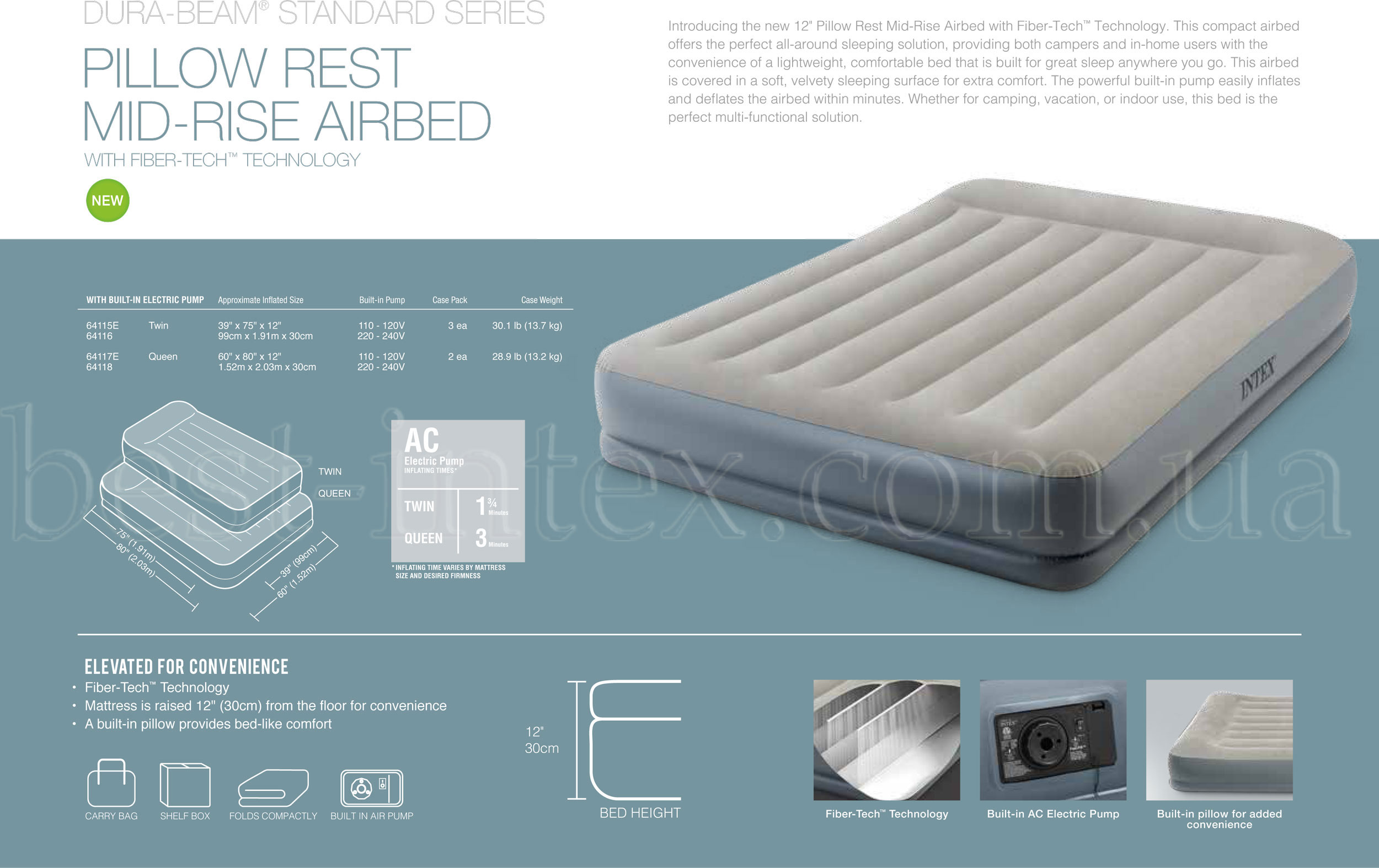 Intex 64118 (152х203х30см) Надувная Кровать Mid-Rice Airbed + Встроенный Насос 220v купить дешево Intex 64118 (152х203х30см) Надувная Кровать Mid-Rice Airbed + Встроенный Насос 220v