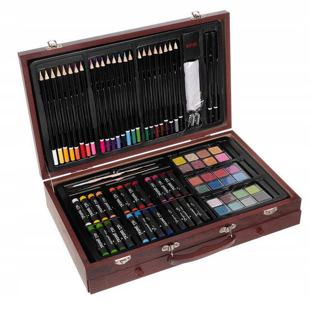 Описание Набор для рисования 143 элемента в деревянном чемодане MAALEO