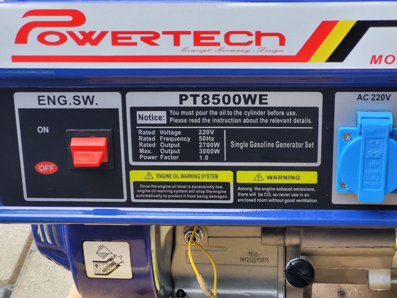 Фото Генератор бензиновый однофазный 3 Квт POWERTECH, PT8500WE