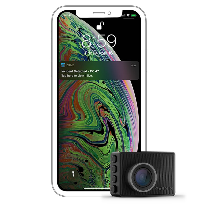 Використовуйте додаток Garmin Drive на сумісному смартфоні, щоб отримати дистанційний доступ до камери та спостерігати з будь-якої точки в режимі Live View за припаркованою машиною Використовуйте додаток Garmin Drive на сумісному смартфоні, щоб отримати дистанційний доступ до камери та спостерігати з будь-якої точки в режимі Live View за припаркованою машиною