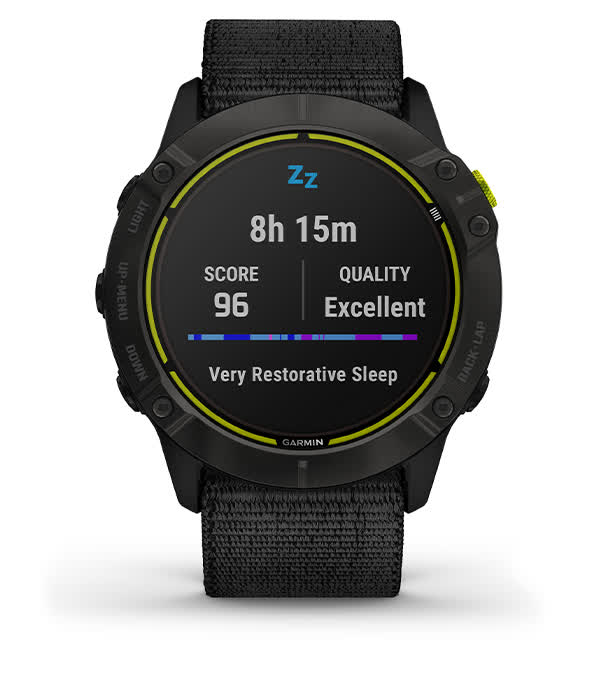 Отримайте повну картину вашого сну разом з Garmin Enduro з розбивкою на фази легкого, глибокого та швидкого сну з даними пульсоксиметра та дихання Отримайте повну картину вашого сну разом з Garmin Enduro з розбивкою на фази легкого, глибокого та швидкого сну з даними пульсоксиметра та дихання