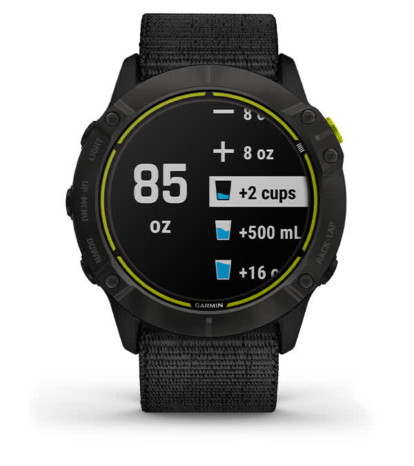 Записуйте споживання води протягом дня й отримуйте нагадування про дотримання водного режиму з Garmin Enduro Записуйте споживання води протягом дня й отримуйте нагадування про дотримання водного режиму з Garmin Enduro