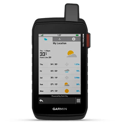 Використовуйте підключення inReach, щоб отримувати детальну інформацію про погоду на Montana 700i Використовуйте підключення inReach, щоб отримувати детальну інформацію про погоду на Montana 700i