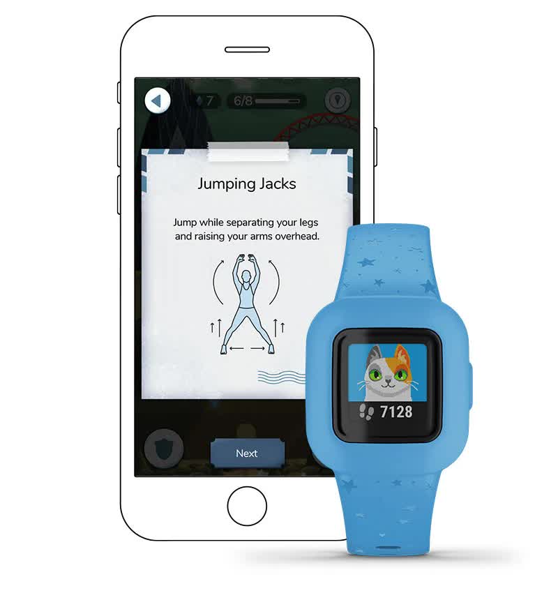 У додатку Garmin Jr.3™ ваша дитина отримає додаткову мотивацію більше рухатись за допомогою спортивних карток з пізнавальними фактами та розучуванням популярних вправ дорослих спортсменів У додатку Garmin Jr.3™ ваша дитина отримає додаткову мотивацію більше рухатись за допомогою спортивних карток з пізнавальними фактами та розучуванням популярних вправ дорослих спортсменів