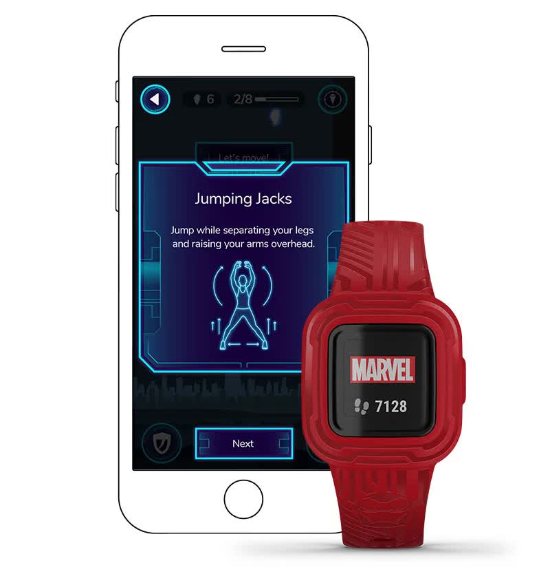 У додатку Garmin Jr.3™ ваша дитина отримає додаткову мотивацію більше рухатись за допомогою спортивних карток з пізнавальними фактами та розучуванням популярних вправ дорослих спортсменів У додатку Garmin Jr.3™ ваша дитина отримає додаткову мотивацію більше рухатись за допомогою спортивних карток з пізнавальними фактами та розучуванням популярних вправ дорослих спортсменів