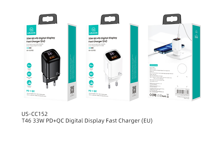 Usams T46 PD+QC Digital Display Fast Charger 1xType-C 1xUSB Black Сетевой Черный Универсальное Зарядное устройство USB Type-C