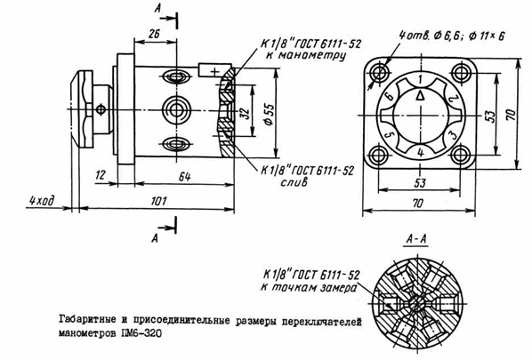 Габаритные и присоединительные размеры переключателей манометров ЗМ6-320, ЗМ6-С320
