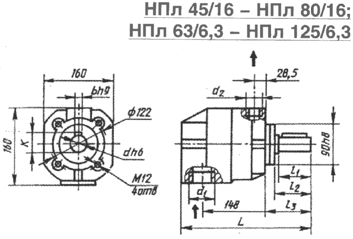 Размеры насосов НПл-63/6,3, НПл-80/6,3, НПл 125/6,3