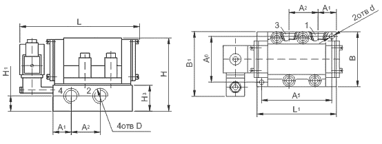 Габаритные и присоединительные размеры пневмораспределителей В64-25А(24А, 23А)-03, В64-33А-03, В64-34А-03