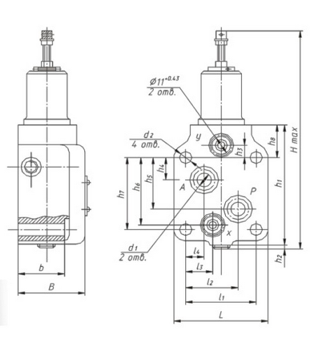 Размеры гидроклапана давления типа ПГ54-35 (стыковое присоединение)