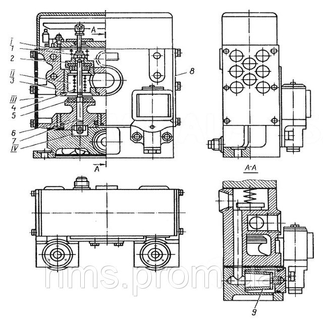 Трёхходовой сдвоенный сблокированный клапан, применявшийся на гильотине НД3312Г