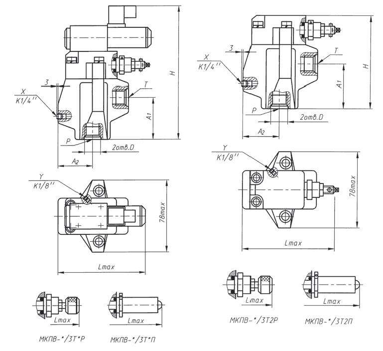 Габаритные и присоединительные размеры клапанов МКПВ-10/3Т2Р, МКПВ-20/3Т2Р, МКПВ-32/3Т2Р