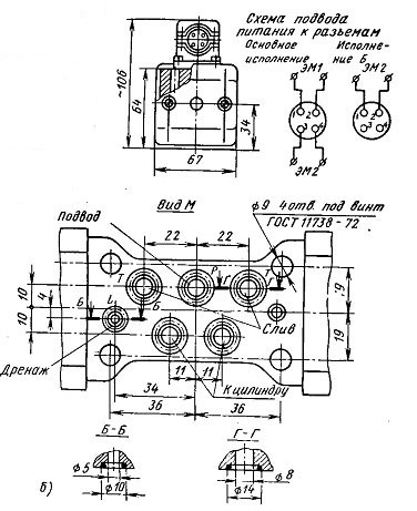 Габаритные и присоединительные размеры распределителей ПГ73-12