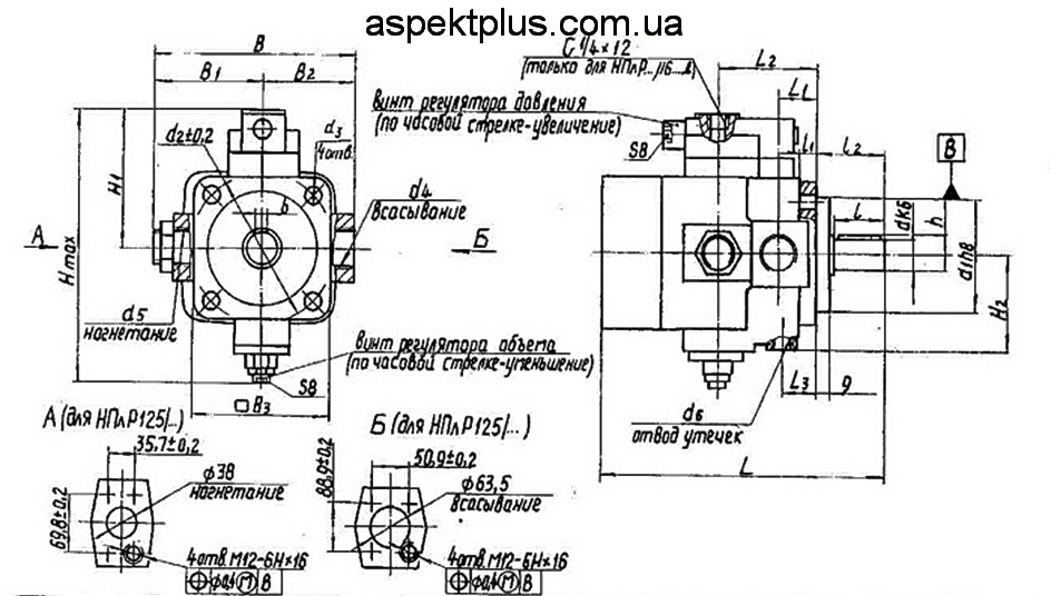 Присоединительные размеры пластинчатых насосов НПлР-20/6,3, НПлР-20/16, НПлР-50/6,3, НПлР-50/16, НПлР-80/6,3, НПлР-80/16, НПлР-125/6,3, НПлР-125/16, НПлР-125/12,5