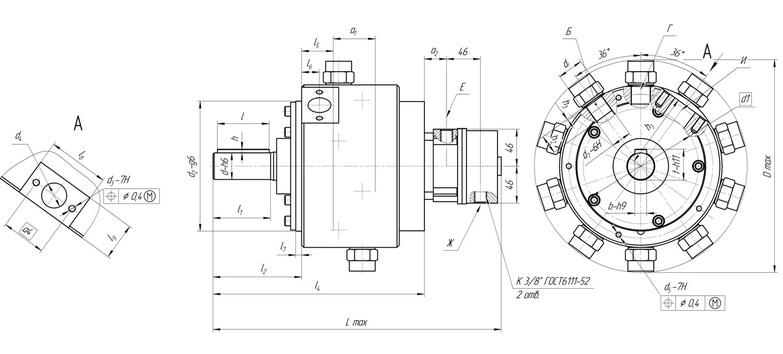 Основные габаритные и присоединительные размеры насосов нерегулируемых 50НР с рабочим объёмом от 4 см³ до 32 см³