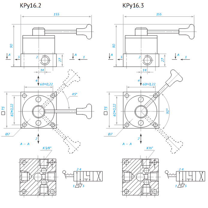 Габаритные и присоединительные размеры пневмораспределителей КРу-16