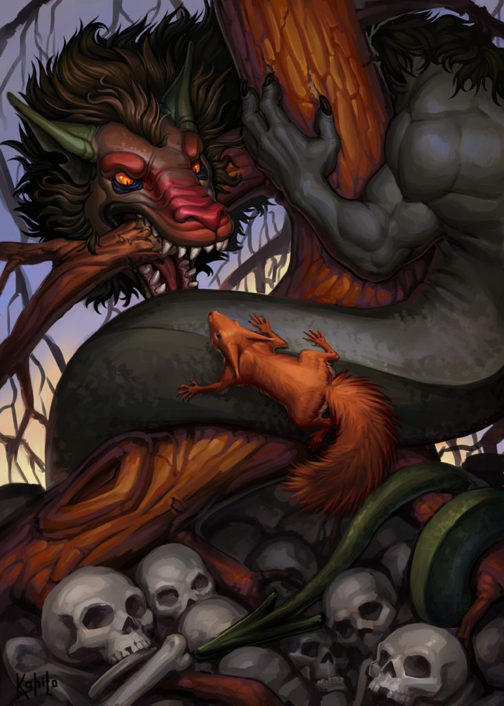 Нидхегг і Рататоск в коренях Іггдрасіля Нидхегг гризе Іггдрасіль - дерево життя, а білка Рататоск сидить на ньому