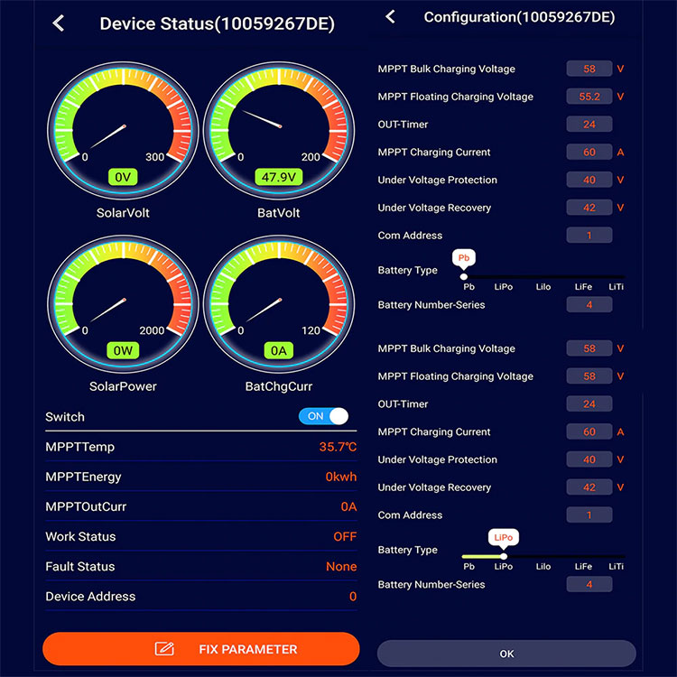 Интерфейс программного обеспечения для установки на Android устройствах для контроллера MakeSkyBlue 60A WiFI V119