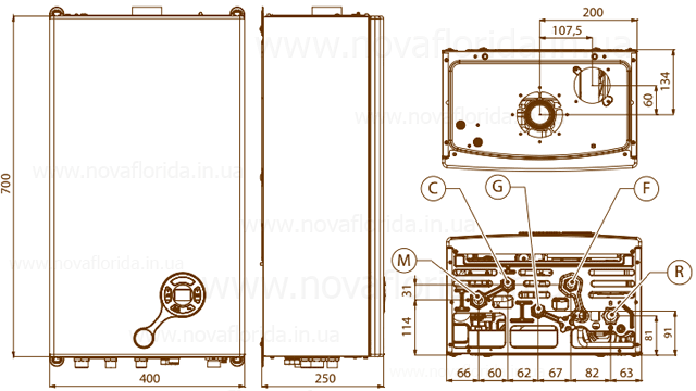 Габариты и расположение соединений газового котла Nibir